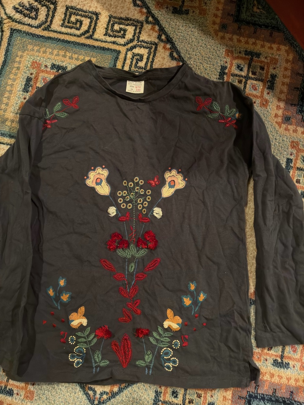 Zara Black Long Sleeve Tee with Multicolor Floral Embroidery